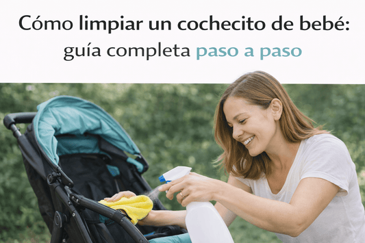 Madre limpiando un cochecito de bebé con un paño y spray durante el proceso de limpieza paso a paso.