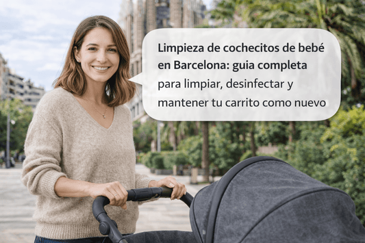 Madre con cochecito de bebé en Barcelona aprendiendo cómo limpiar y desinfectar su carrito para mantenerlo como nuevo