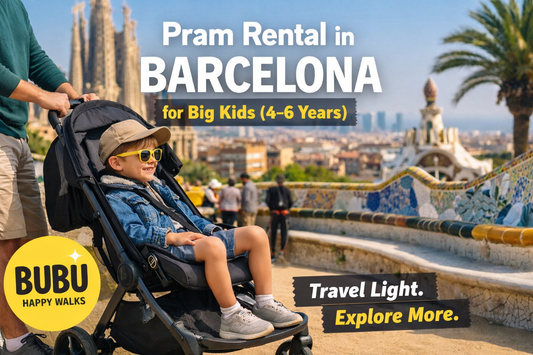 Pram rental Barcelona for big kids (4–6 years). Clean, safe and comfortable stroller rental at BUBU. Explore Barcelona without bringing your pram.